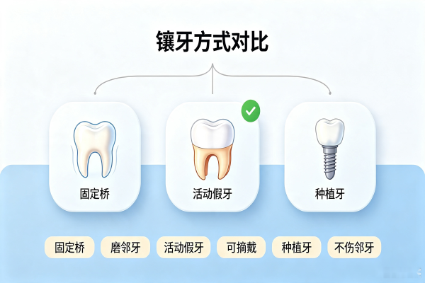 牙齿修复三种镶牙方式对比示意图