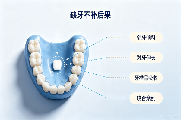 牙齿修复缺牙不补的后果示意图