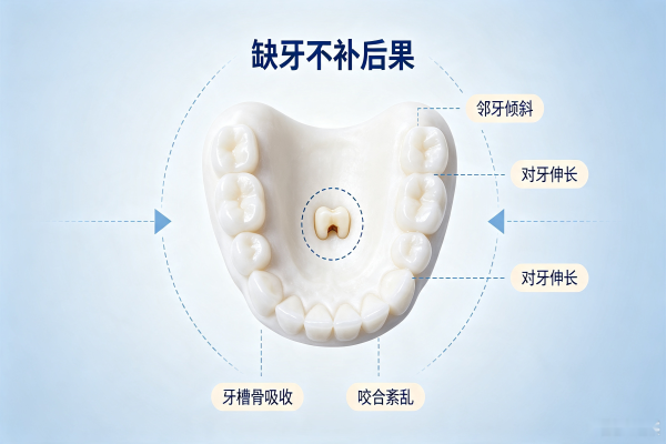 牙齿修复缺牙不补的后果示意图