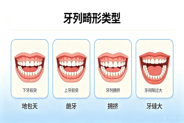 牙齿矫正常见畸形类型示意图