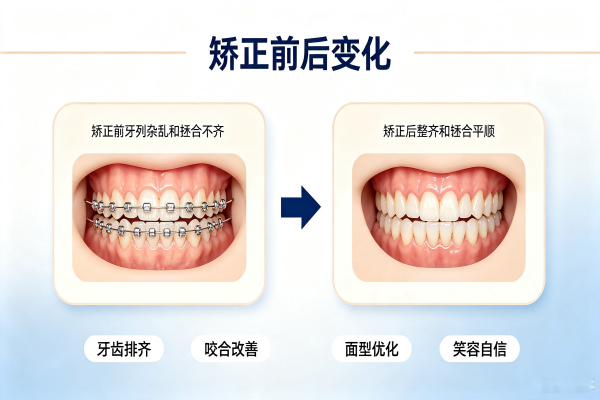 牙齿矫正矫正前后变化示意图
