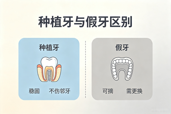 种植牙种植牙与假牙区别示意图